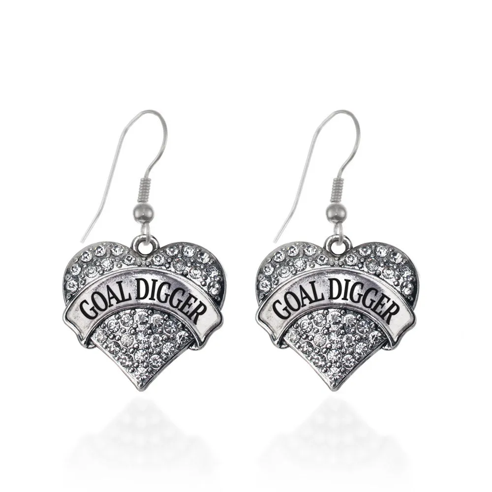 Silver Goal Digger Pave Heart Charm Dangle Earrings