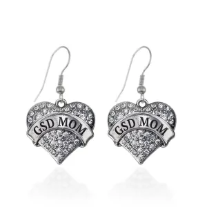 Silver GSD Mom Pave Heart Charm Dangle Earrings