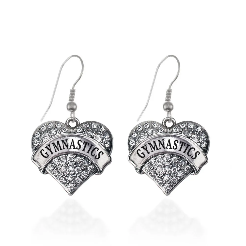 Silver Gymnastics Pave Heart Charm Dangle Earrings