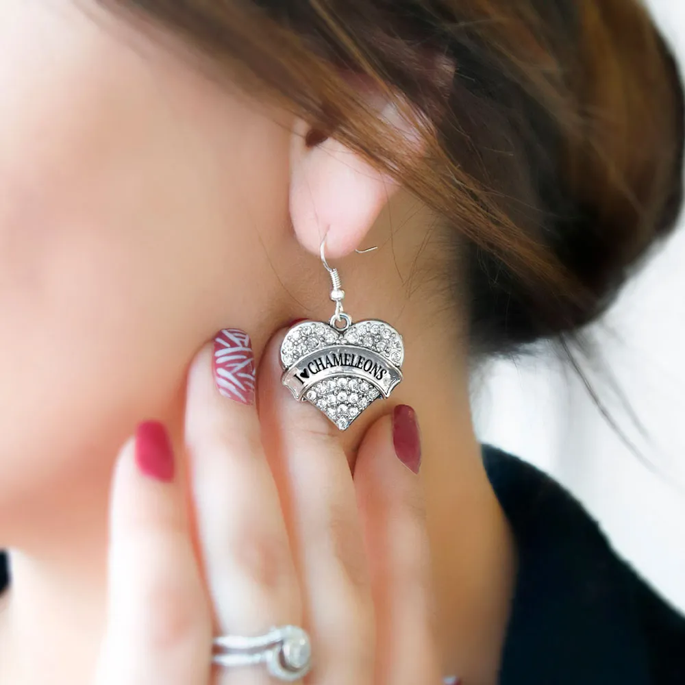 Silver I Heart Chameleons Pave Heart Charm Dangle Earrings