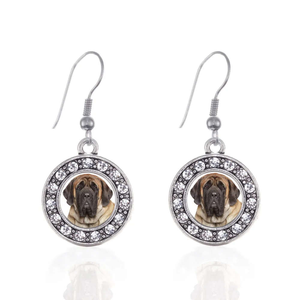 Silver Mastiff Face Circle Charm Dangle Earrings