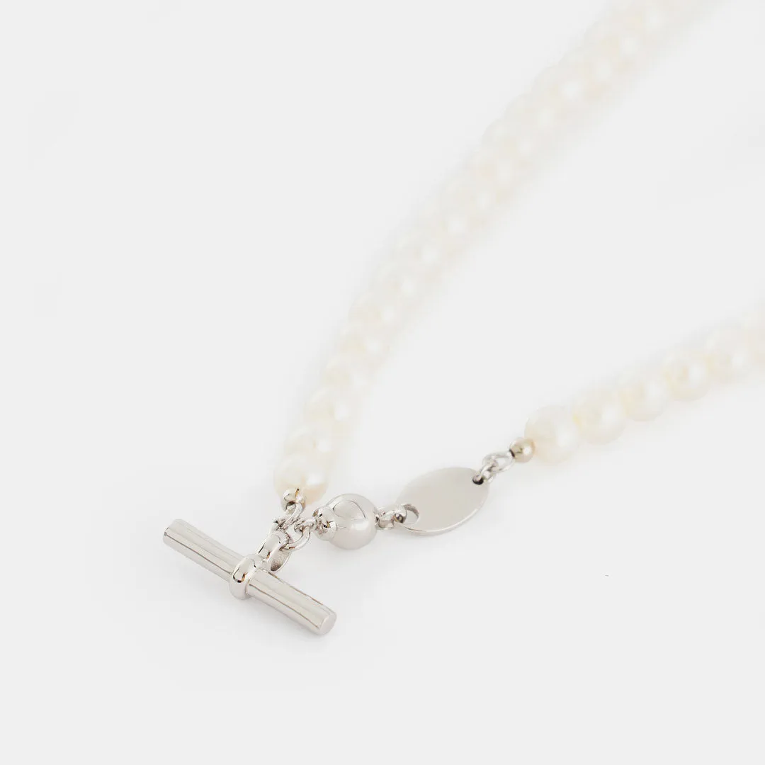 Silver Pearl T-Bar Necklace