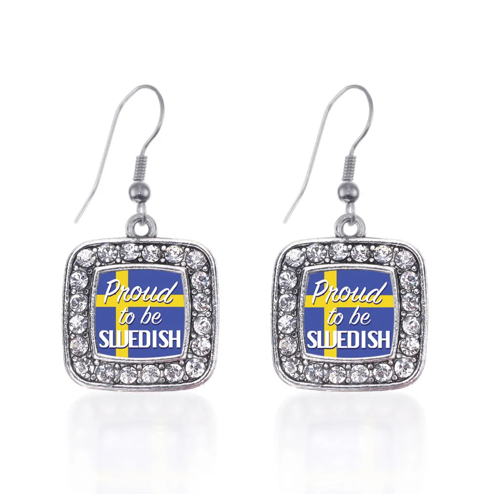 Silver Proud to be Swedish Square Charm Dangle Earrings