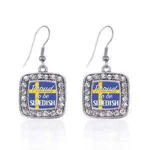 Silver Proud to be Swedish Square Charm Dangle Earrings