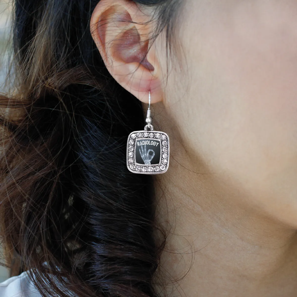 Silver Radiology Square Charm Dangle Earrings