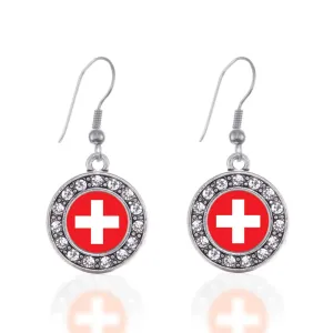 Silver Switzerland Flag Circle Charm Dangle Earrings