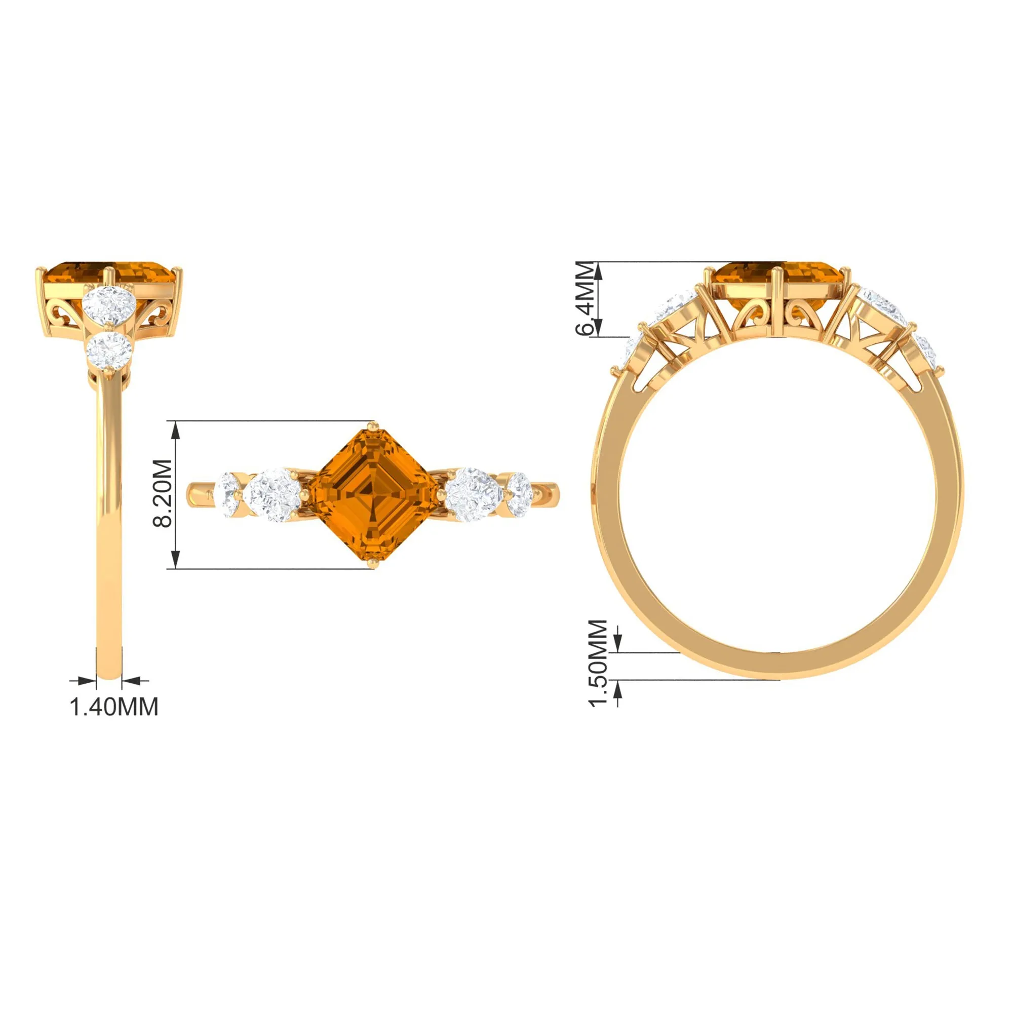 Simple Asscher Cut Citrine Solitaire Engagement Ring with Moissanite