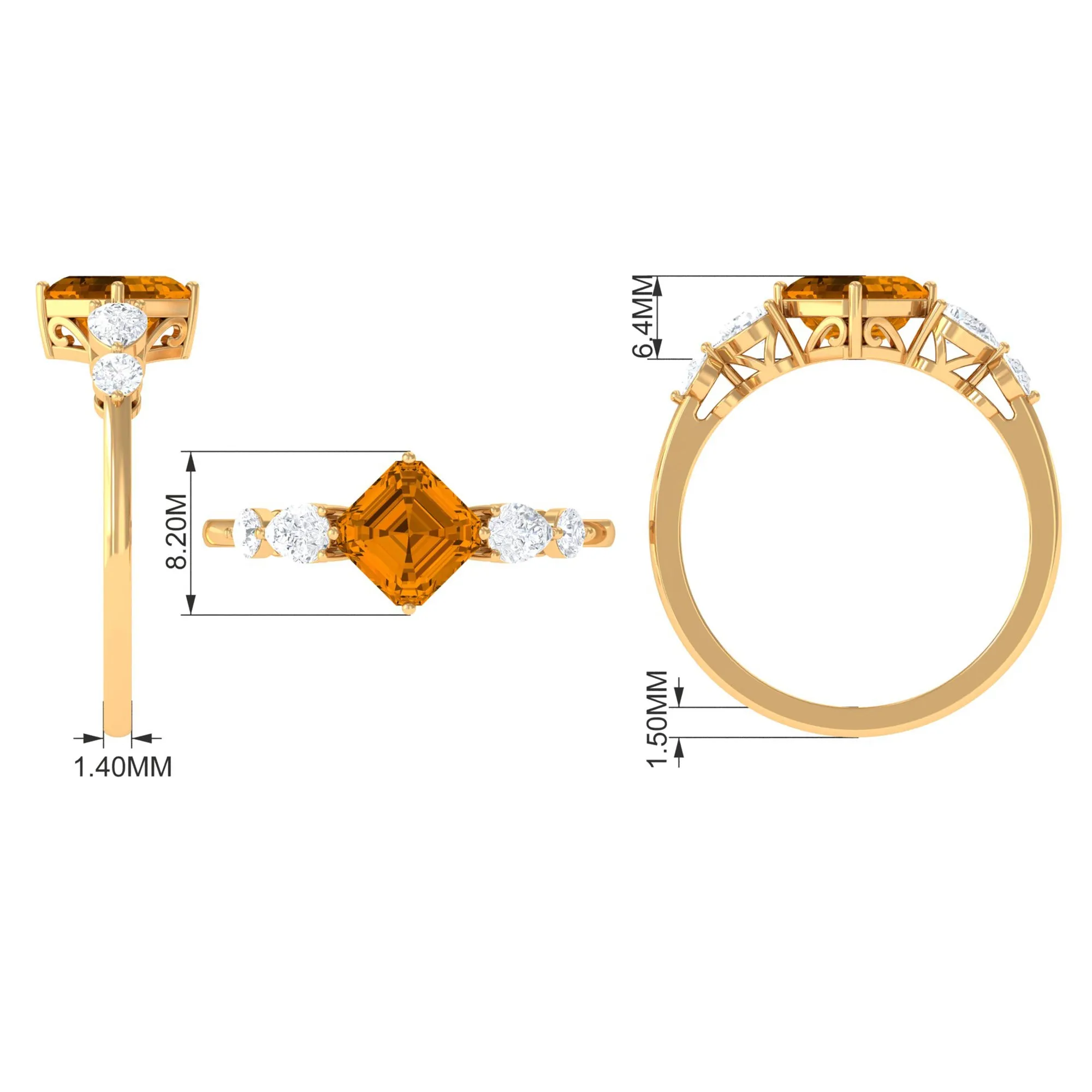 Simple Asscher Cut Citrine Solitaire Engagement Ring with Moissanite