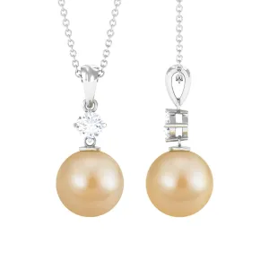 Simple Round South Sea Pearl and Moissanite Drop Pendant