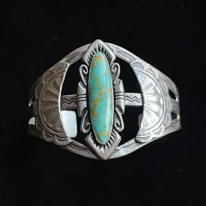 SOLD Vintage Sterling Bell Trading Fred Harvey Bracelet, Turquoise Silver Stamped Cuff