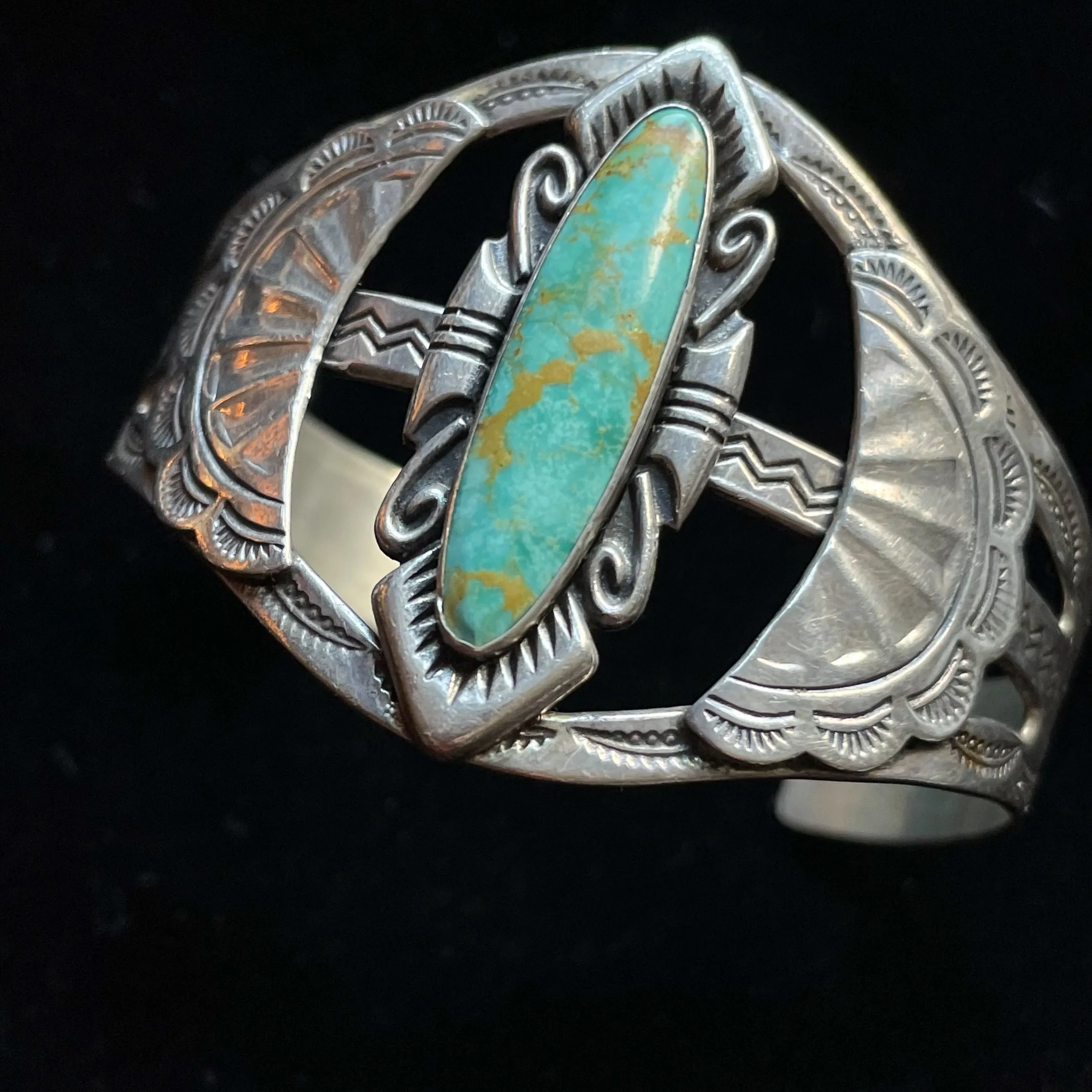 SOLD Vintage Sterling Bell Trading Fred Harvey Bracelet, Turquoise Silver Stamped Cuff