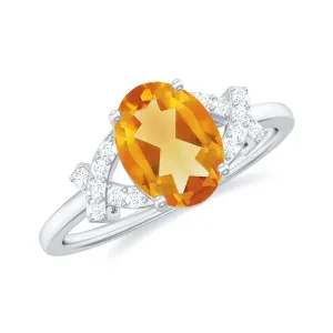 Split Shank Oval Citrine and Diamond Solitaire Engagement Ring