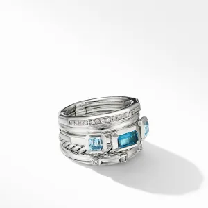 Stax Five Row Ring in Sterling Silver with Hampton Blue Topaz and Pave Diamonds