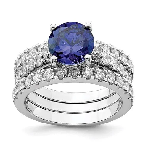 Sterling Silver 3-Piece Blue CZ 8mm Round Wedding Ring Set