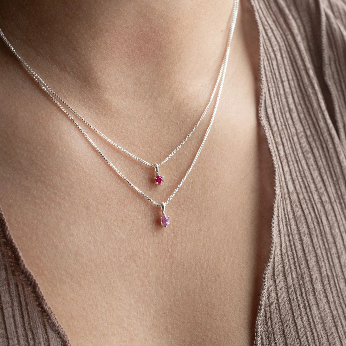 Sterling Silver Oval Claw Set Pink Sapphire Necklace