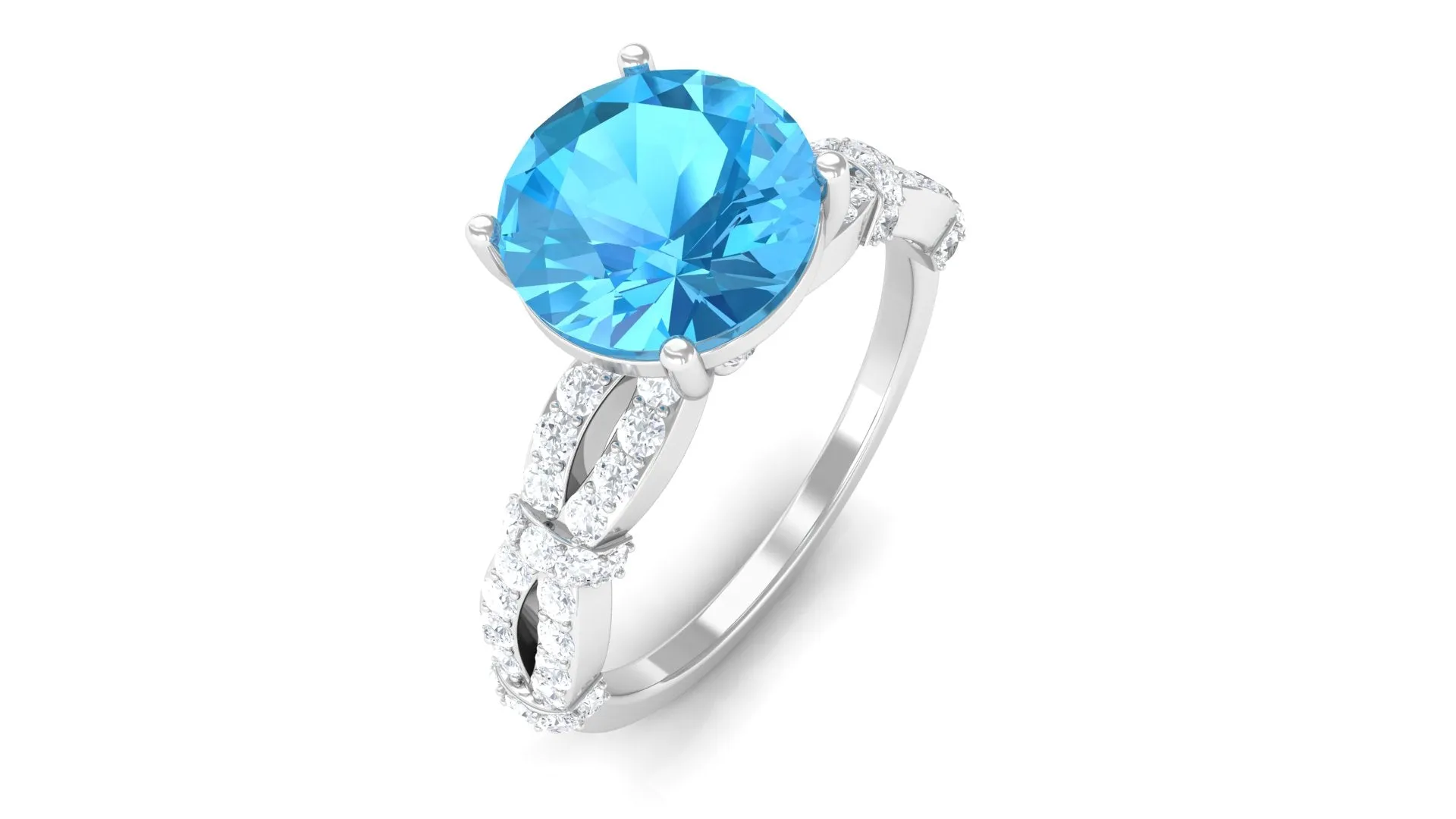 Swiss Blue Topaz and Diamond Solitaire Engagement Ring with Criss Cross Shank