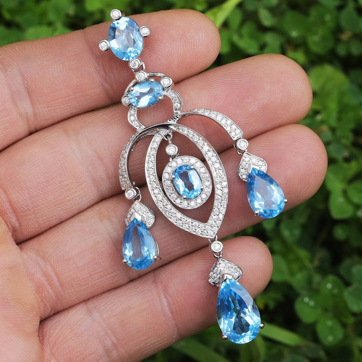 Swiss Blue Topaz Chandelier Pendant with Diamonds 18K 16.90ctw