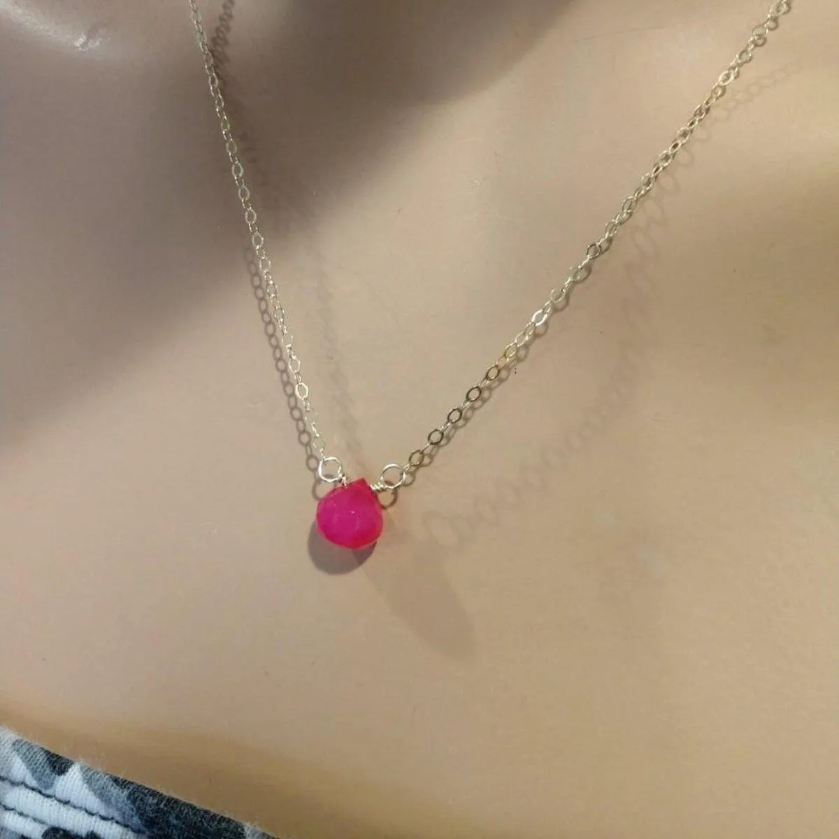 Tiny Hot Pink Chalcedony Gold Filled Necklace