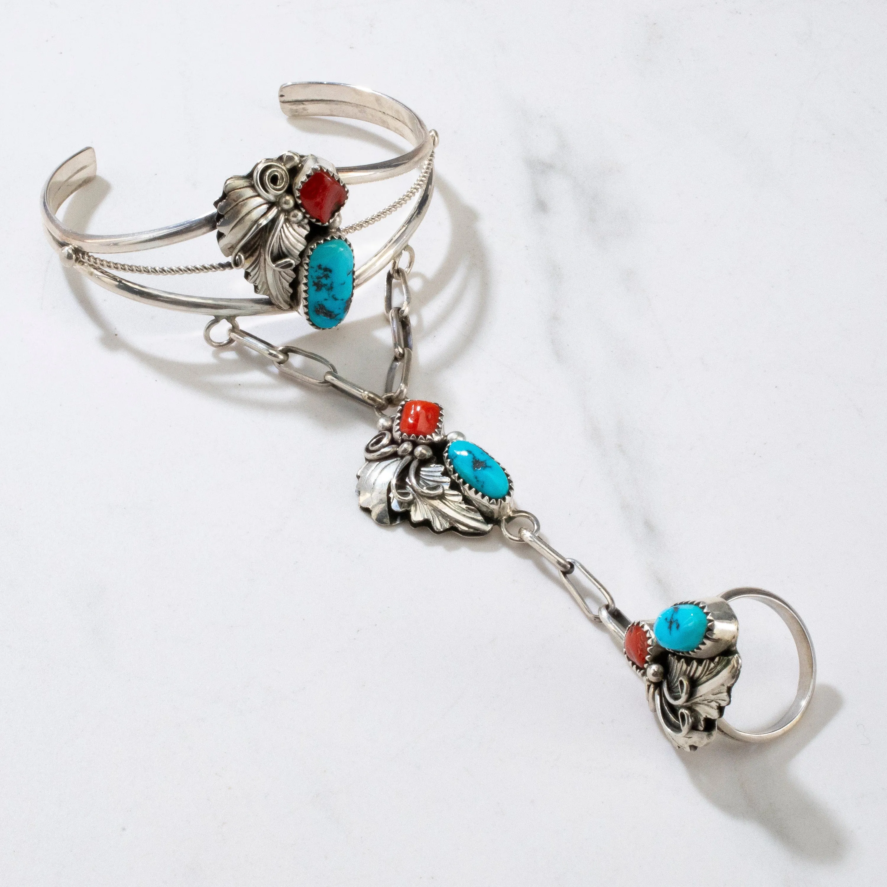 Turquoise & Coral Navajo USA Native American Made 925 Sterling Silver Linked Cuff and Ring