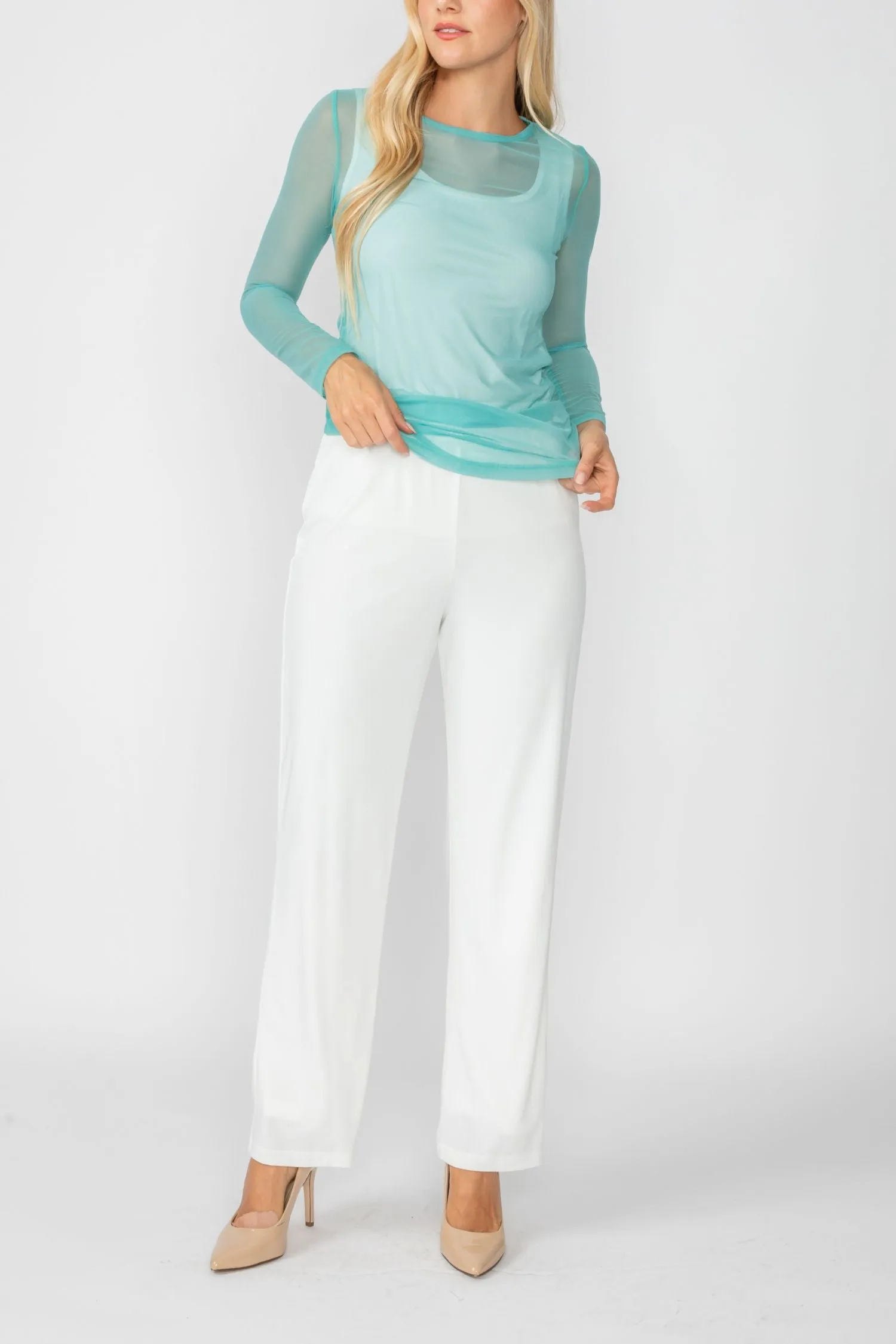 Turquoise Basic Mesh Long Sleeve Top