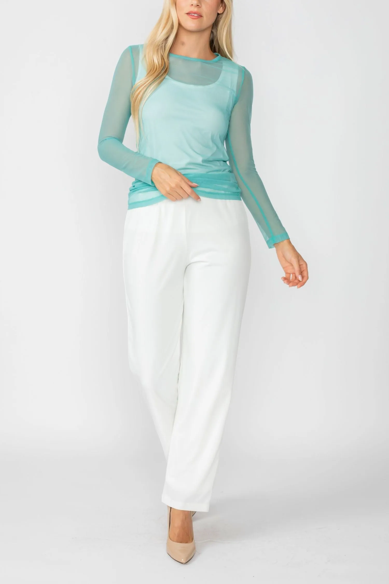 Turquoise Basic Mesh Long Sleeve Top