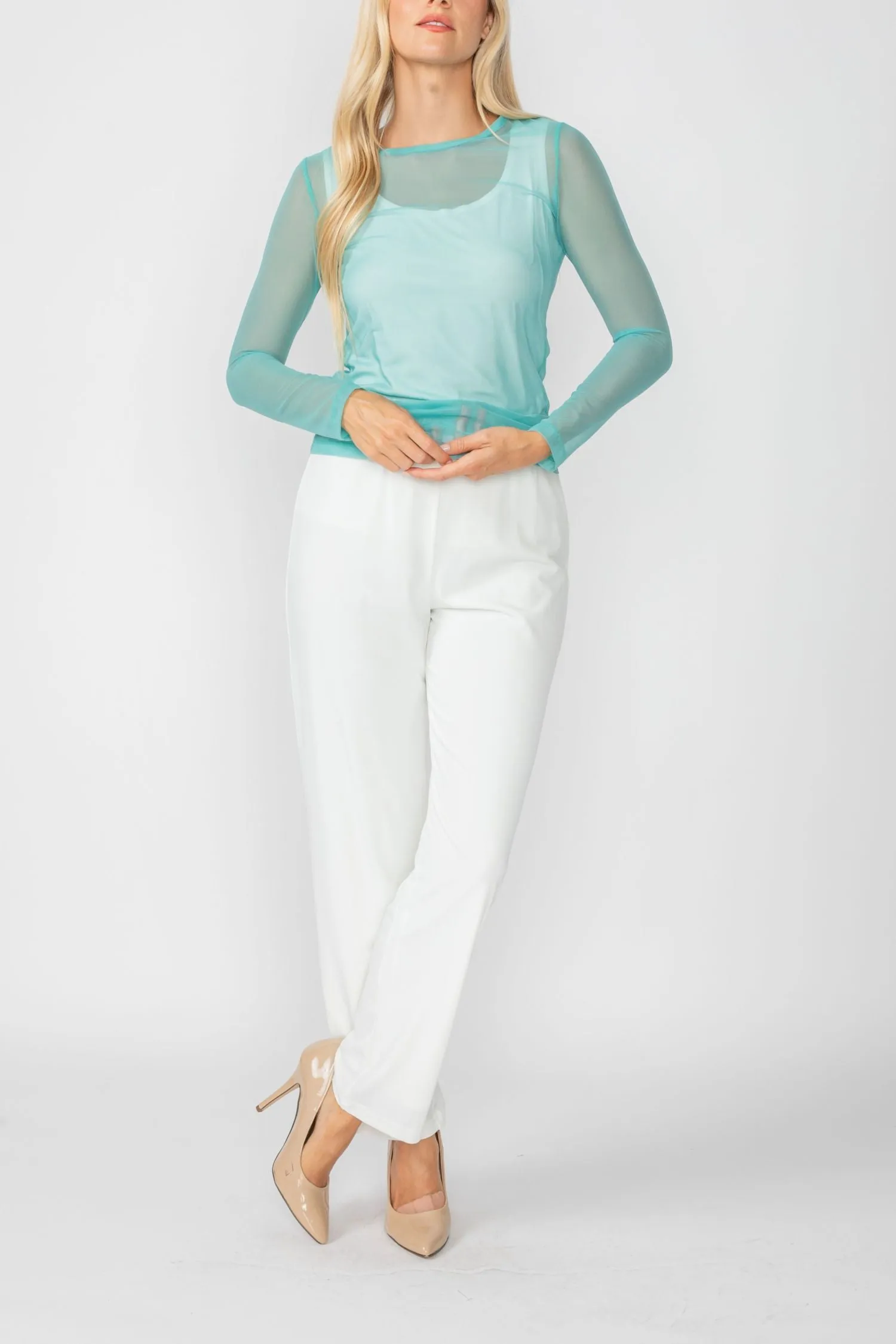 Turquoise Basic Mesh Long Sleeve Top