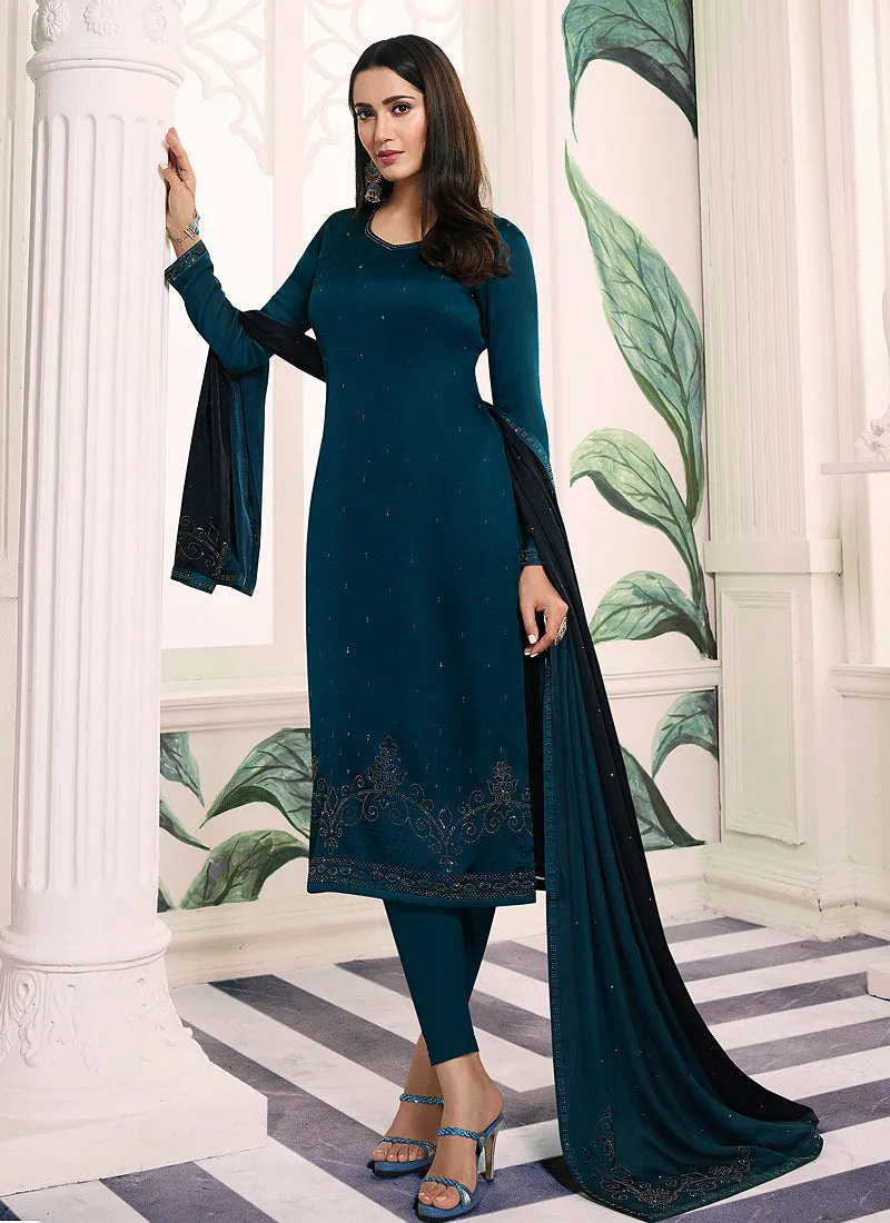 Turquoise Blue Embroidered Salwar Kameez Suit