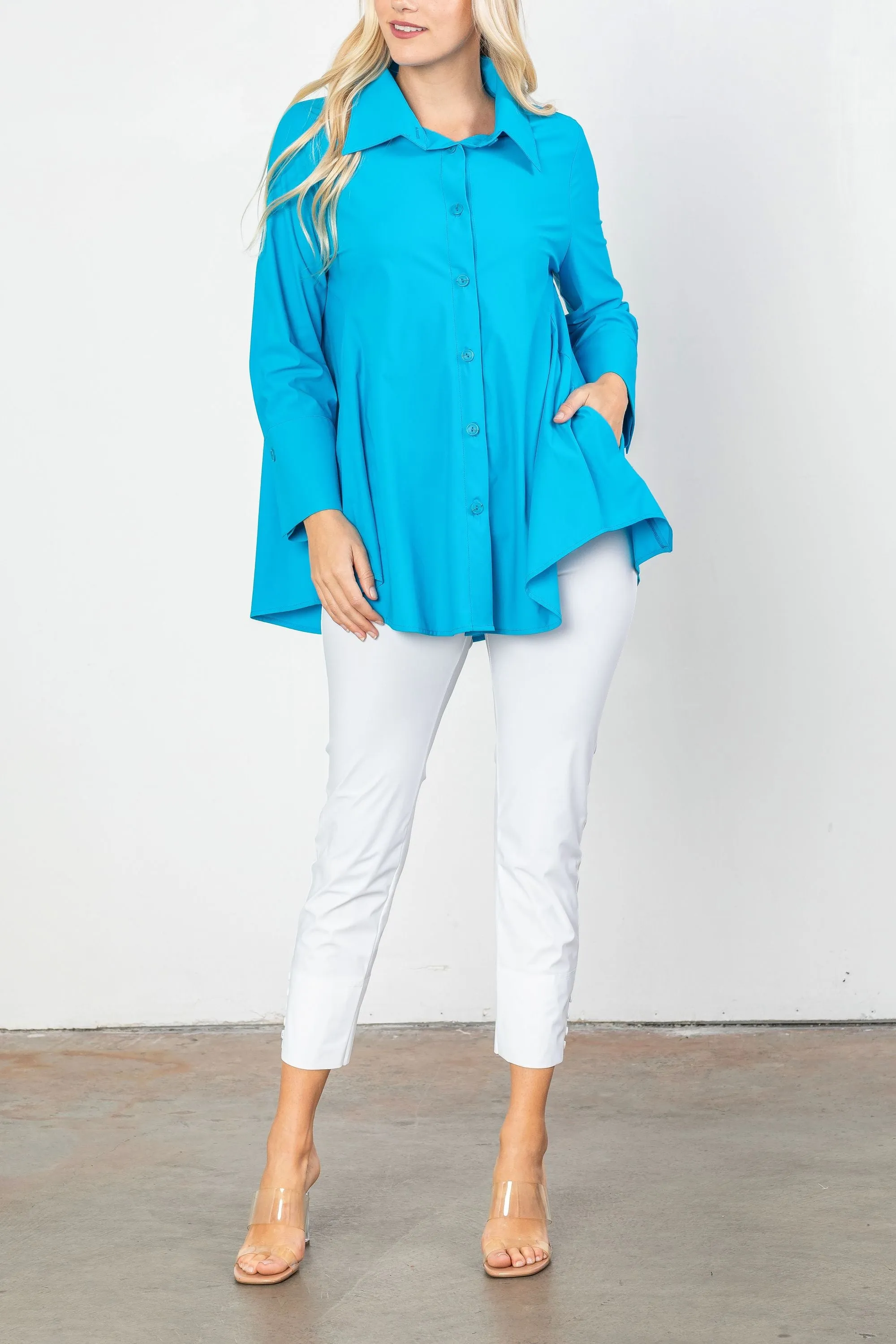 Turquoise Fold Down Collar Blouse