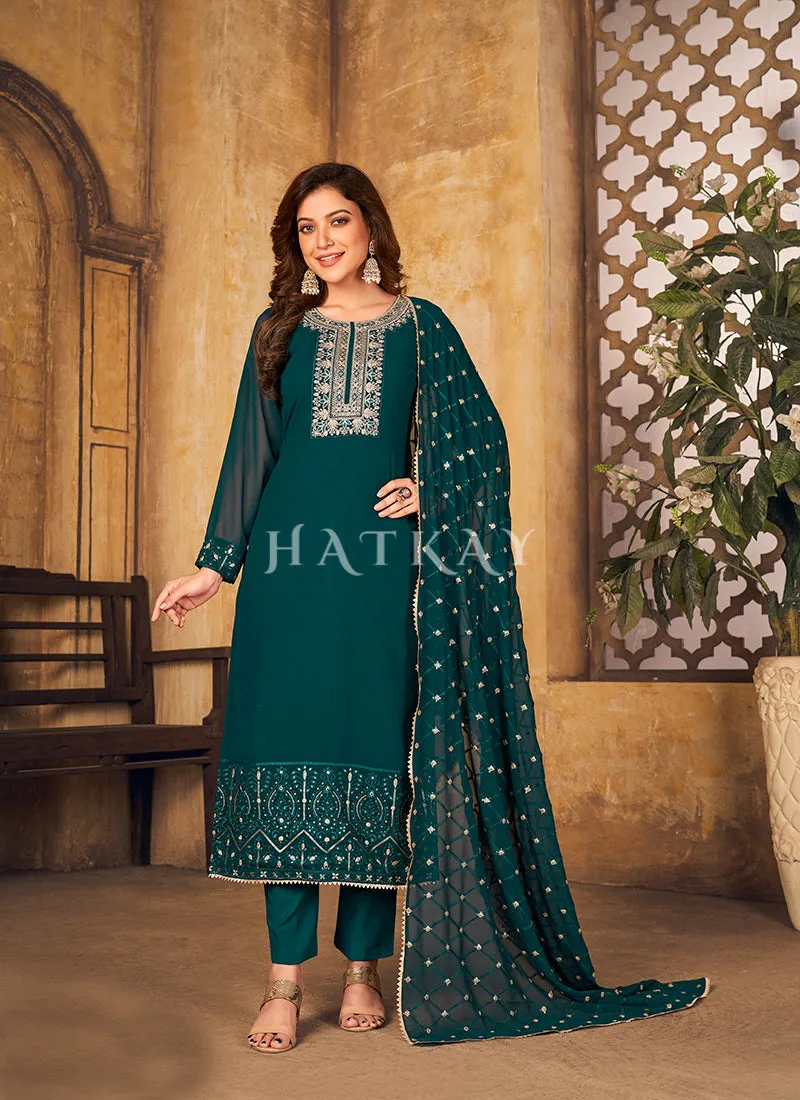 Turquoise Georgette Embroidered Pant Style Salwar Suit