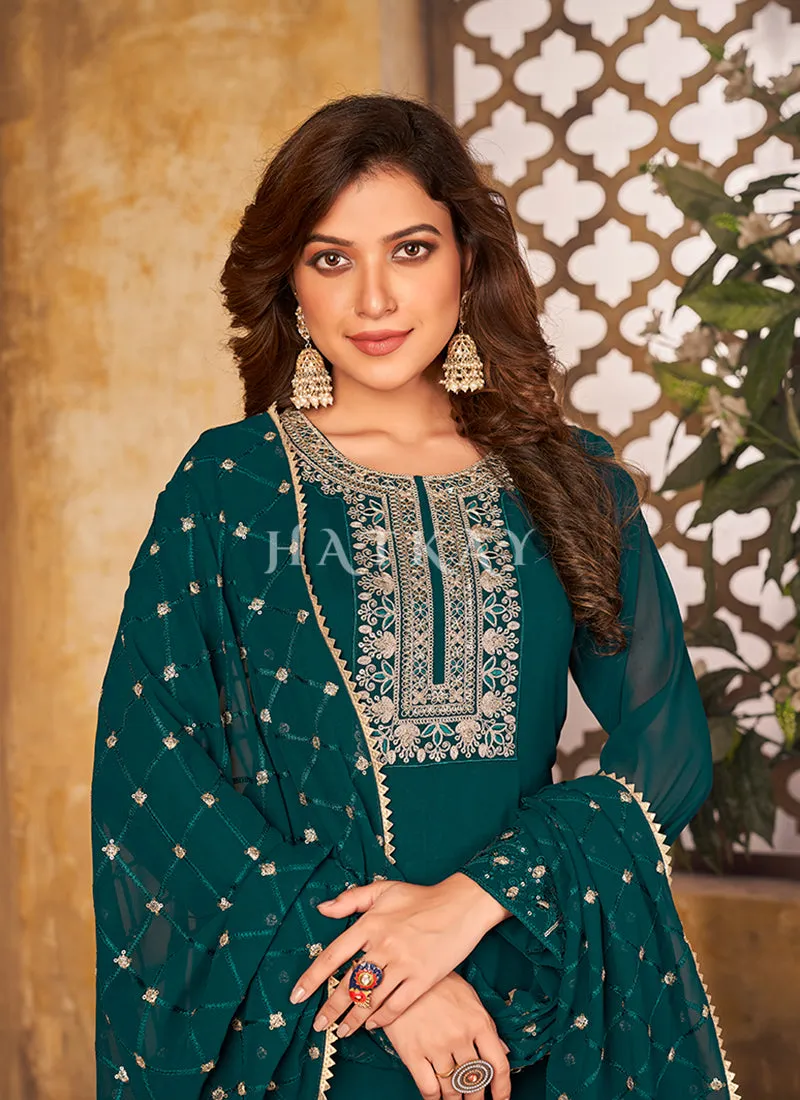 Turquoise Georgette Embroidered Pant Style Salwar Suit