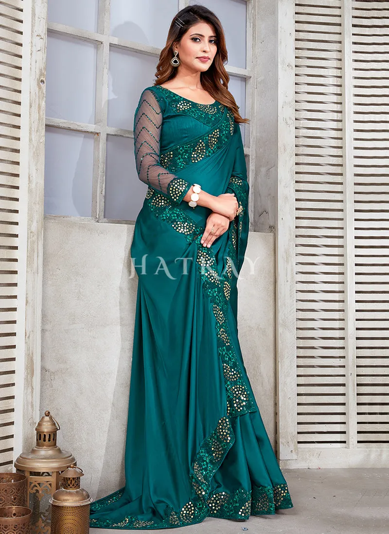 Turquoise Mirror Work Embroidery Satin Silk Saree