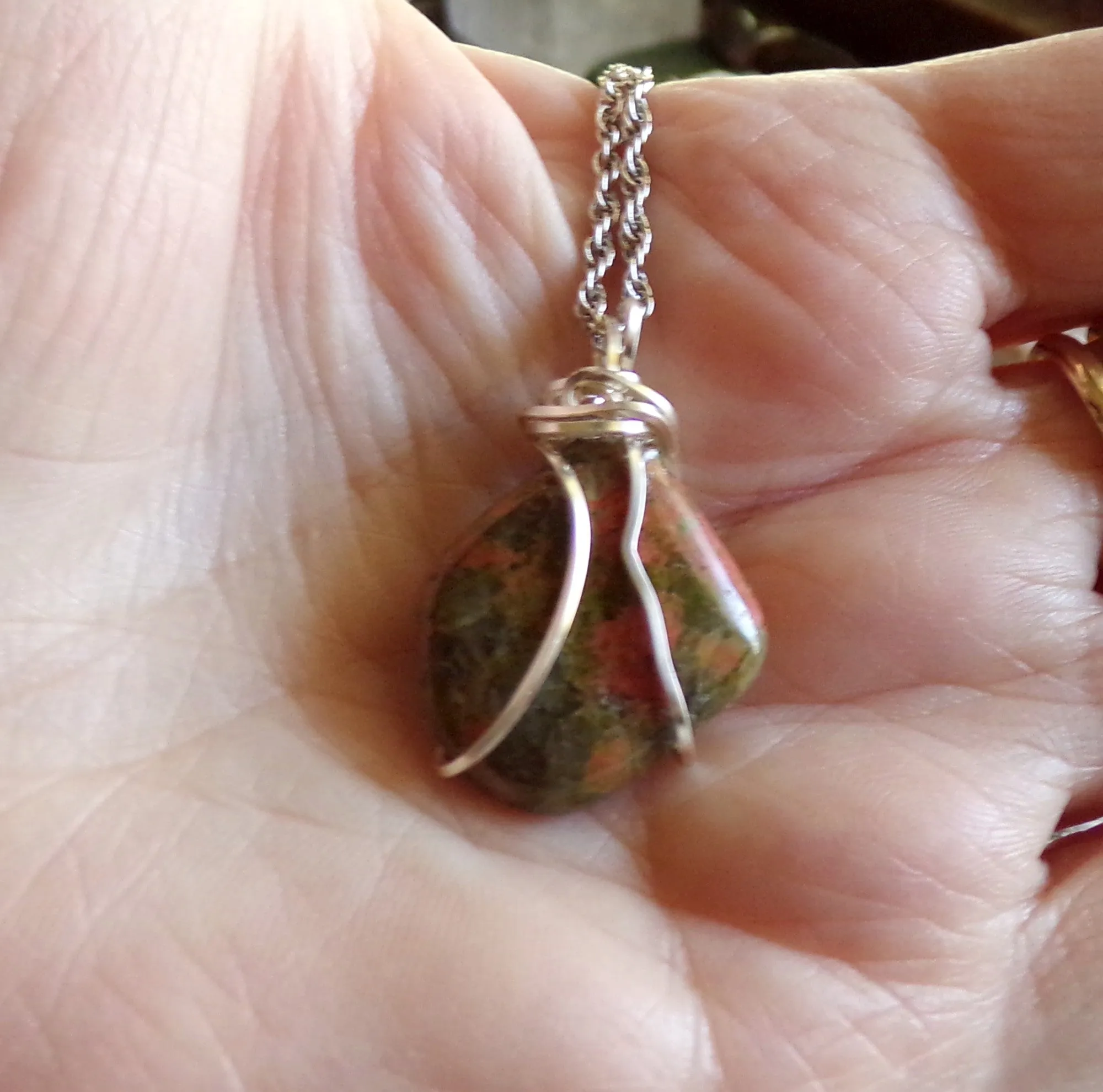 Unakite Natural Pink and Green Gemstone Wire Wrapped Pendant Necklace