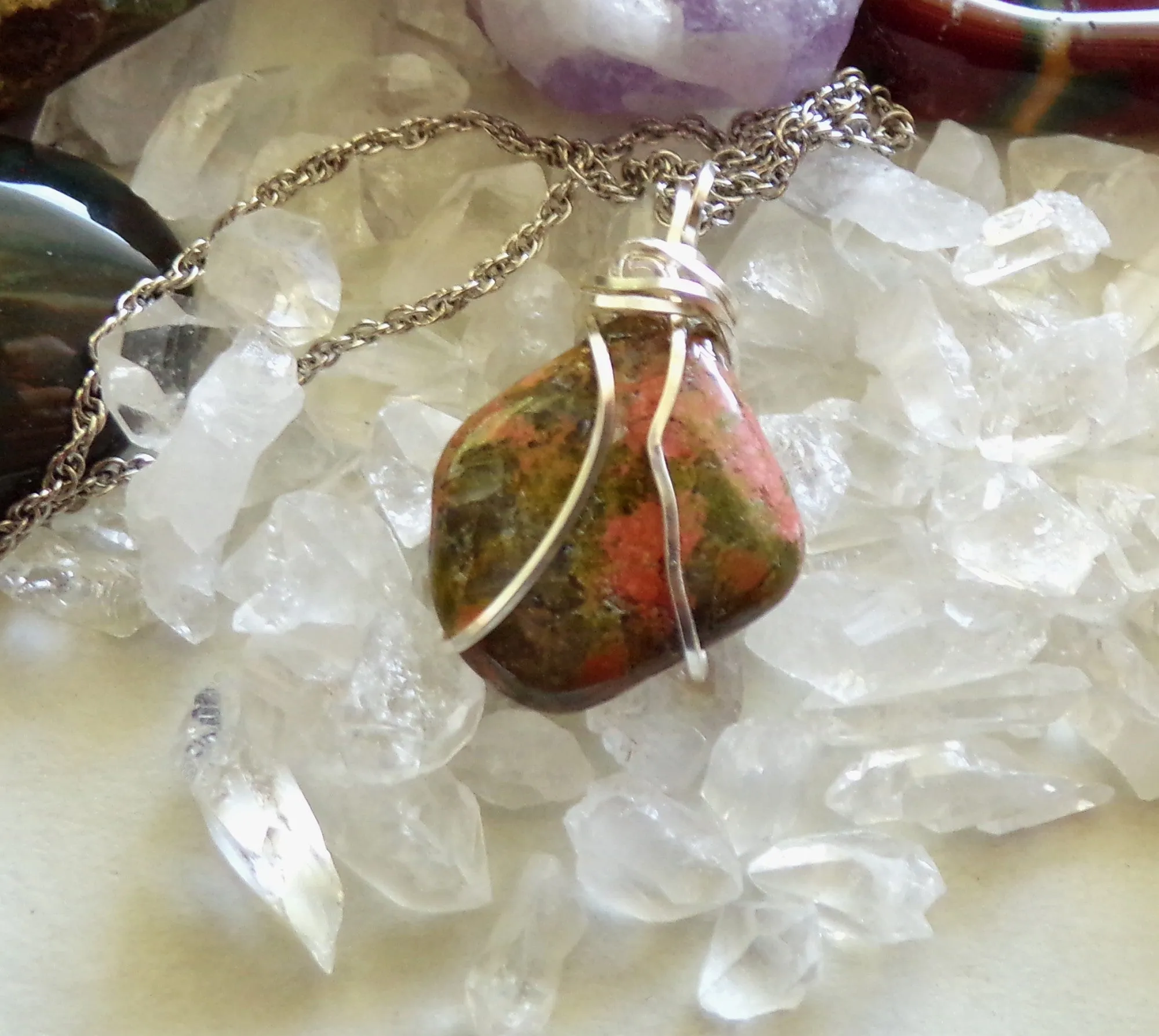 Unakite Natural Pink and Green Gemstone Wire Wrapped Pendant Necklace