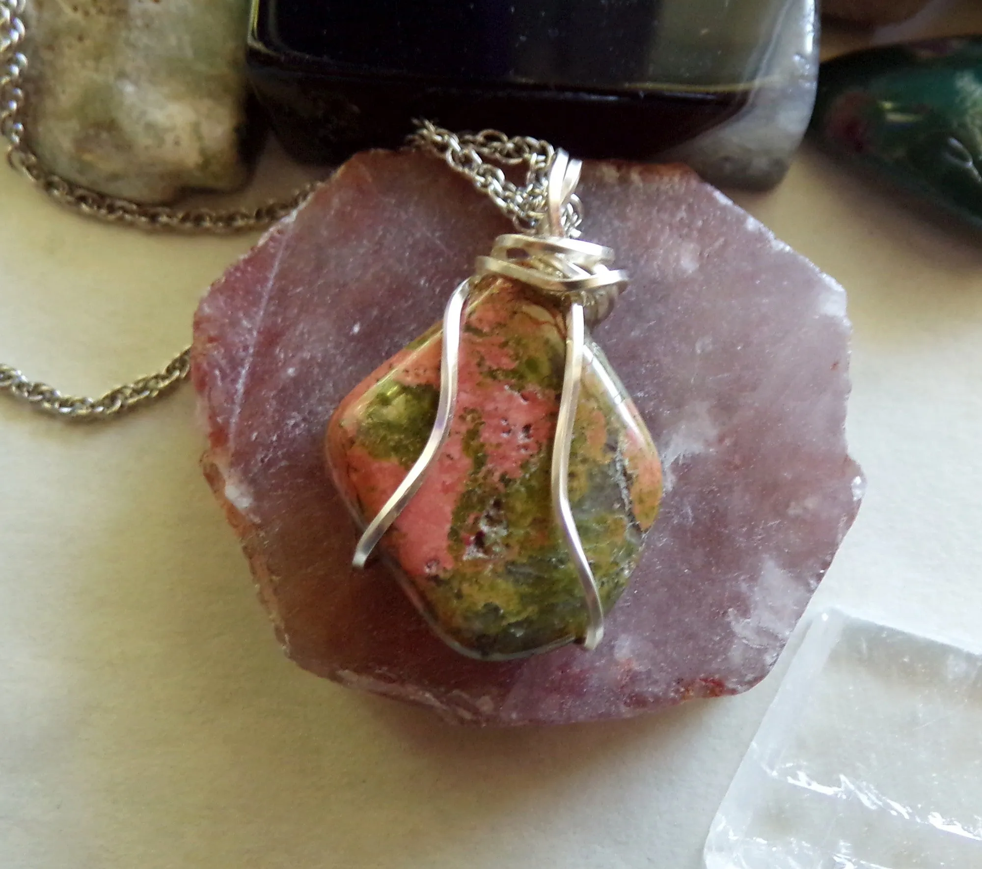 Unakite Natural Pink and Green Gemstone Wire Wrapped Pendant Necklace