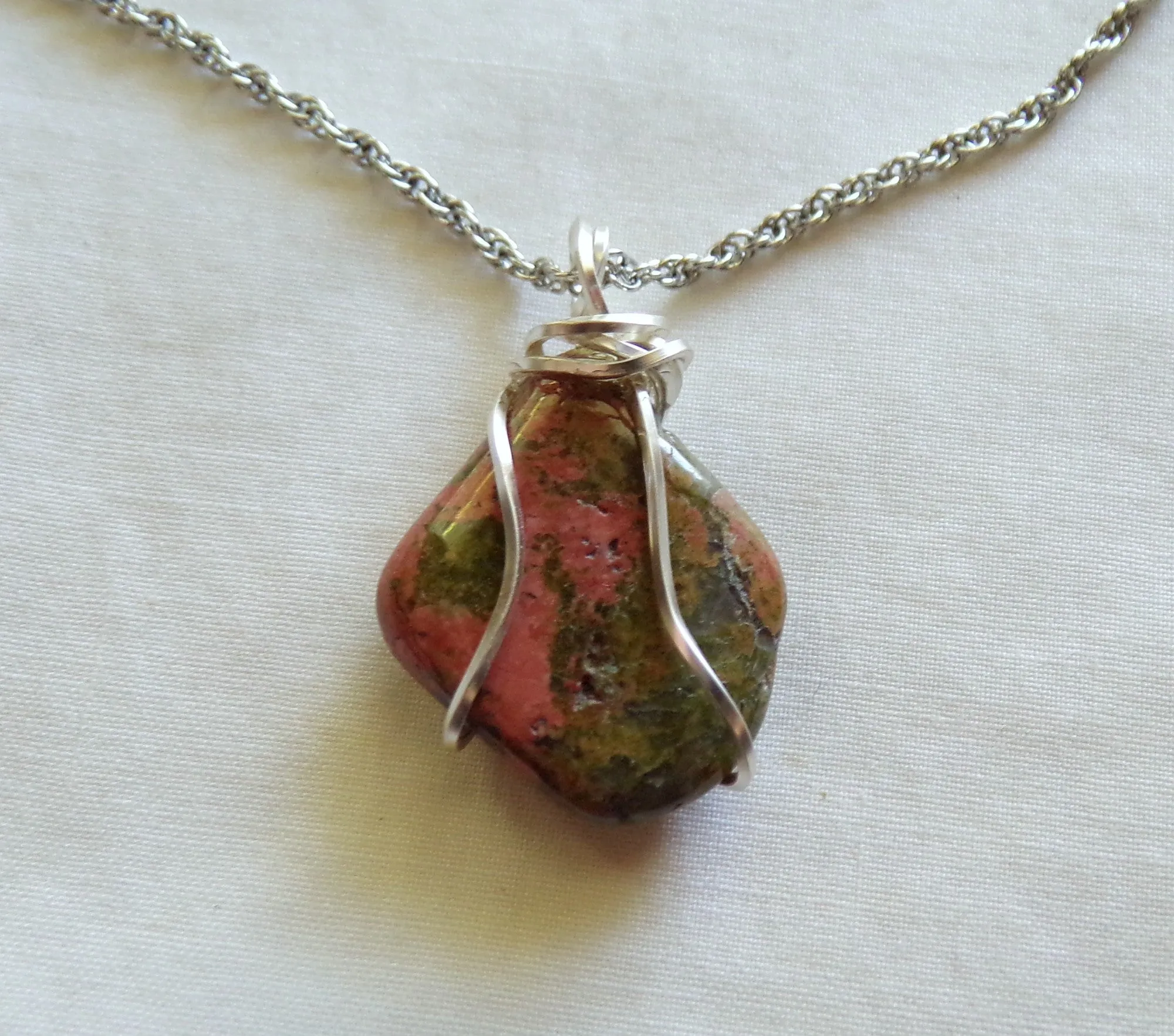 Unakite Natural Pink and Green Gemstone Wire Wrapped Pendant Necklace