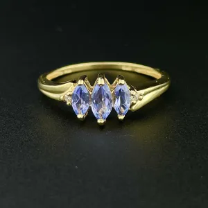 Vintage 10K Gold Diamond Tanzanite Three Stone Ring, Sz 6 3/4