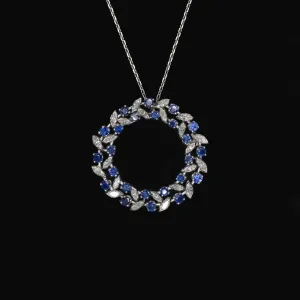 VINTAGE DIAMOND SAPPHIRE WREATH PENDANT NECKLACE PLATINUM MID CENTURY 3.10ct