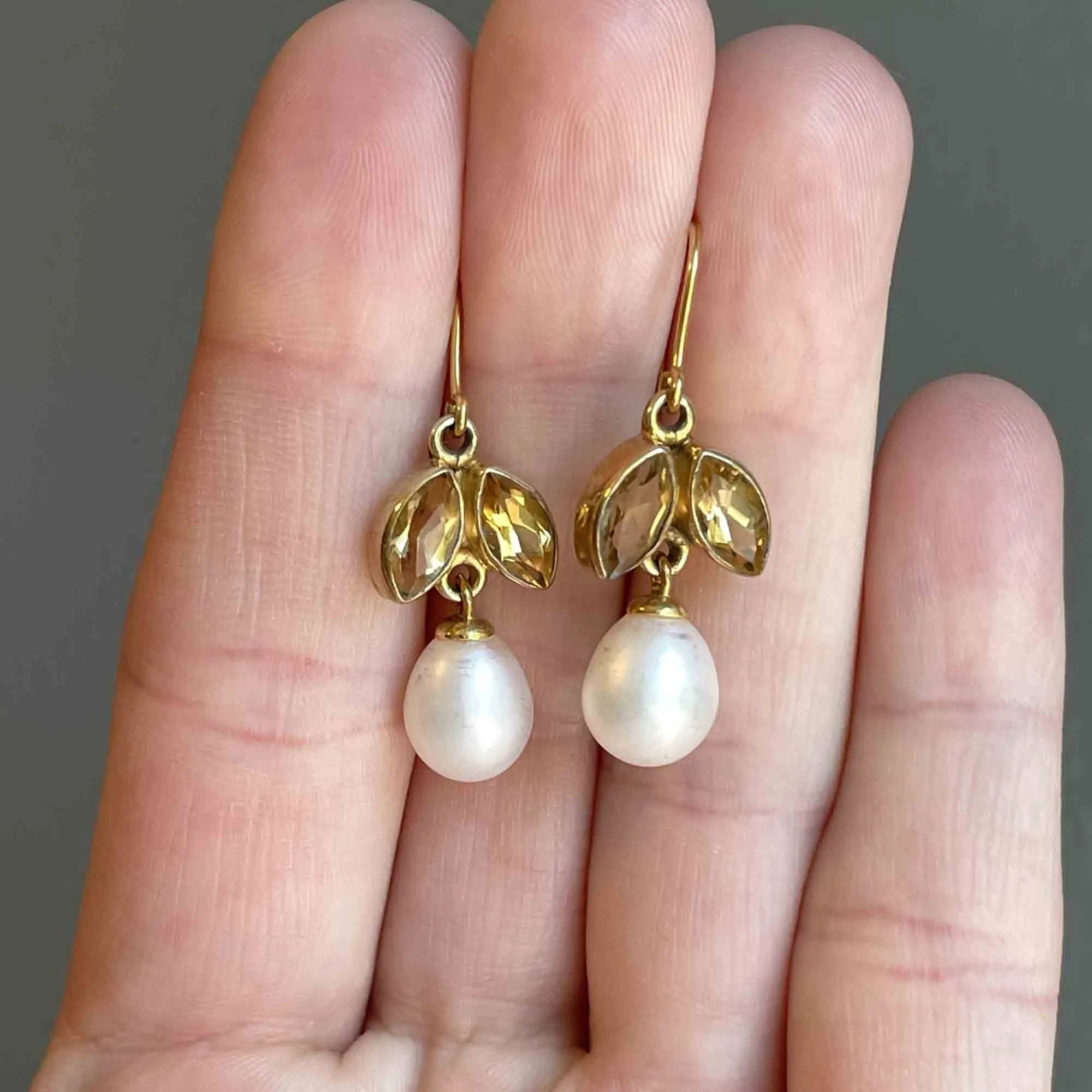 Vintage Gold Citrine Baroque Pearl Flower Earrings