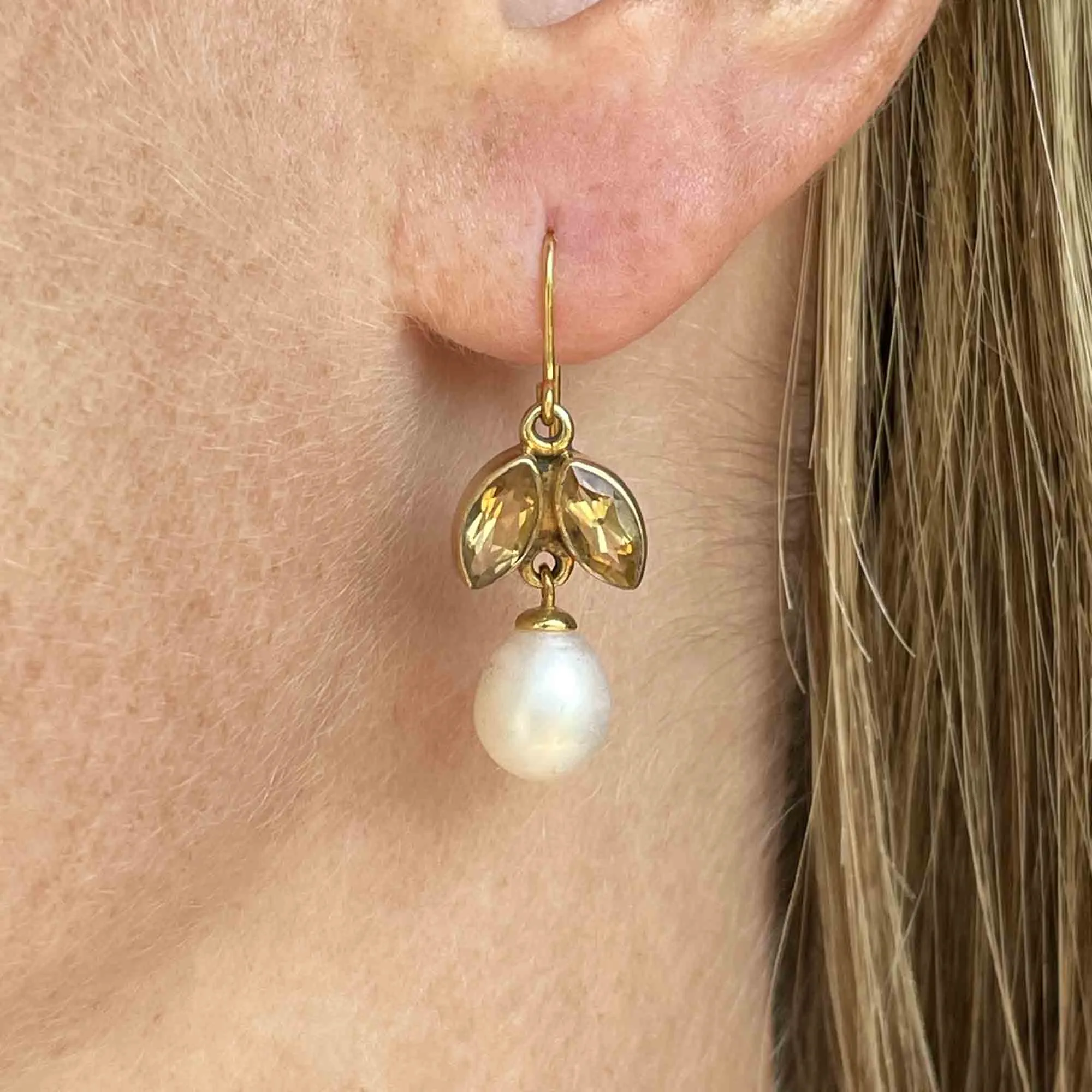 Vintage Gold Citrine Baroque Pearl Flower Earrings