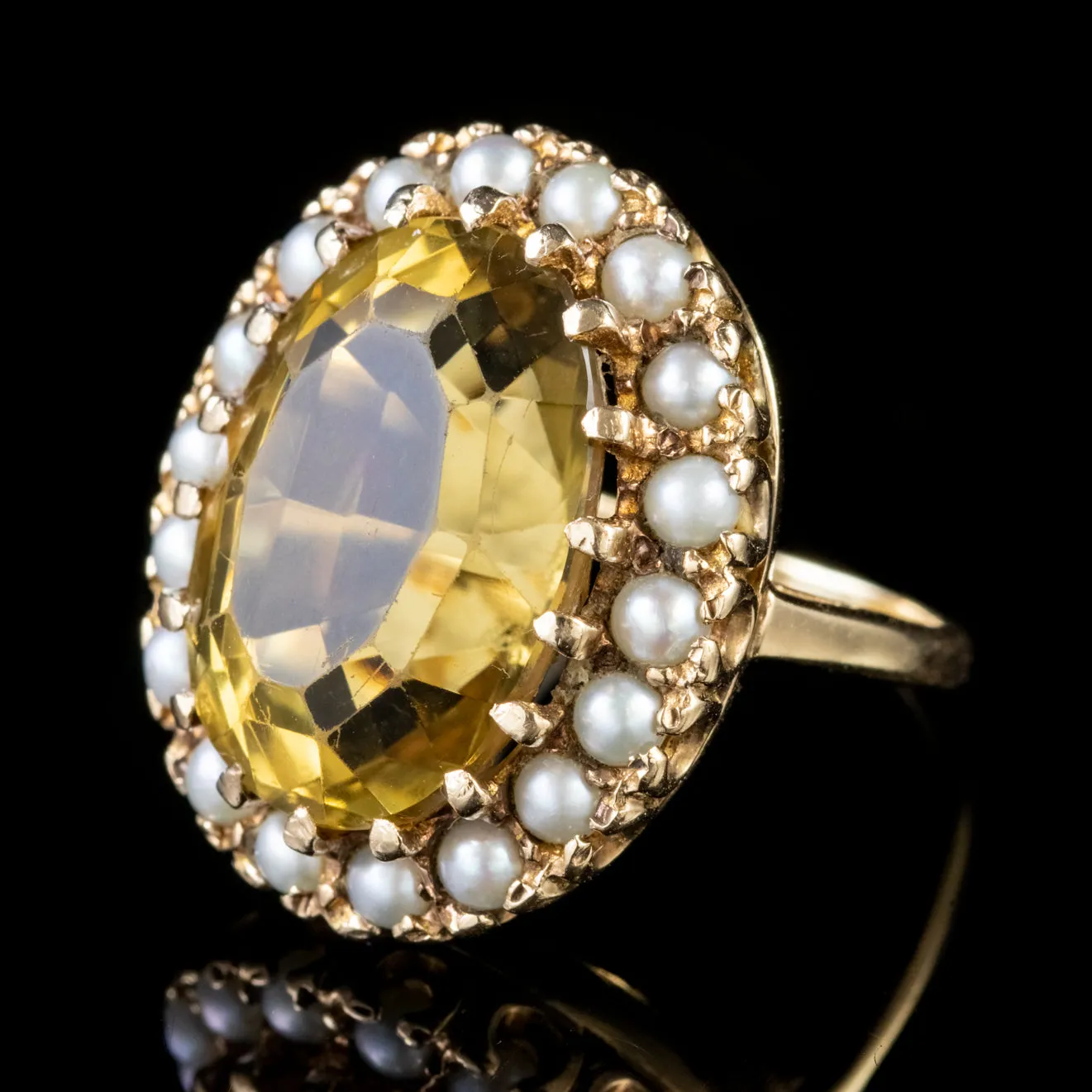 Vintage Large Citrine Pearl Gold Ring Circa 1960