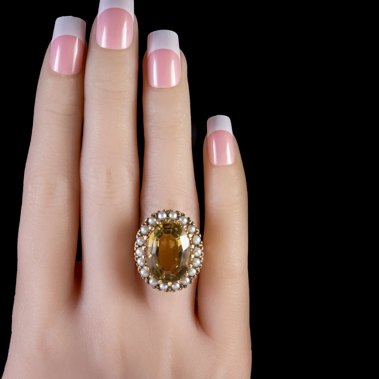 Vintage Large Citrine Pearl Gold Ring Circa 1960