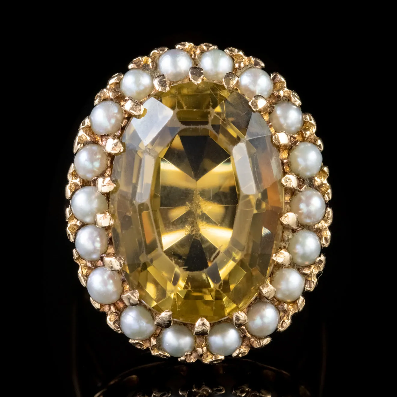 Vintage Large Citrine Pearl Gold Ring Circa 1960