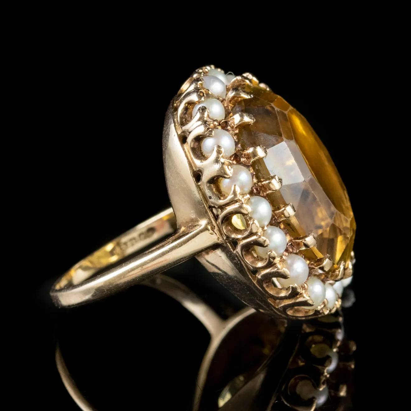 Vintage Large Citrine Pearl Gold Ring Circa 1960