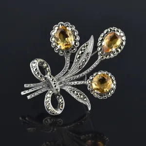 Vintage Sterling Silver 4 CTW Citrine Marcasite Flower Brooch