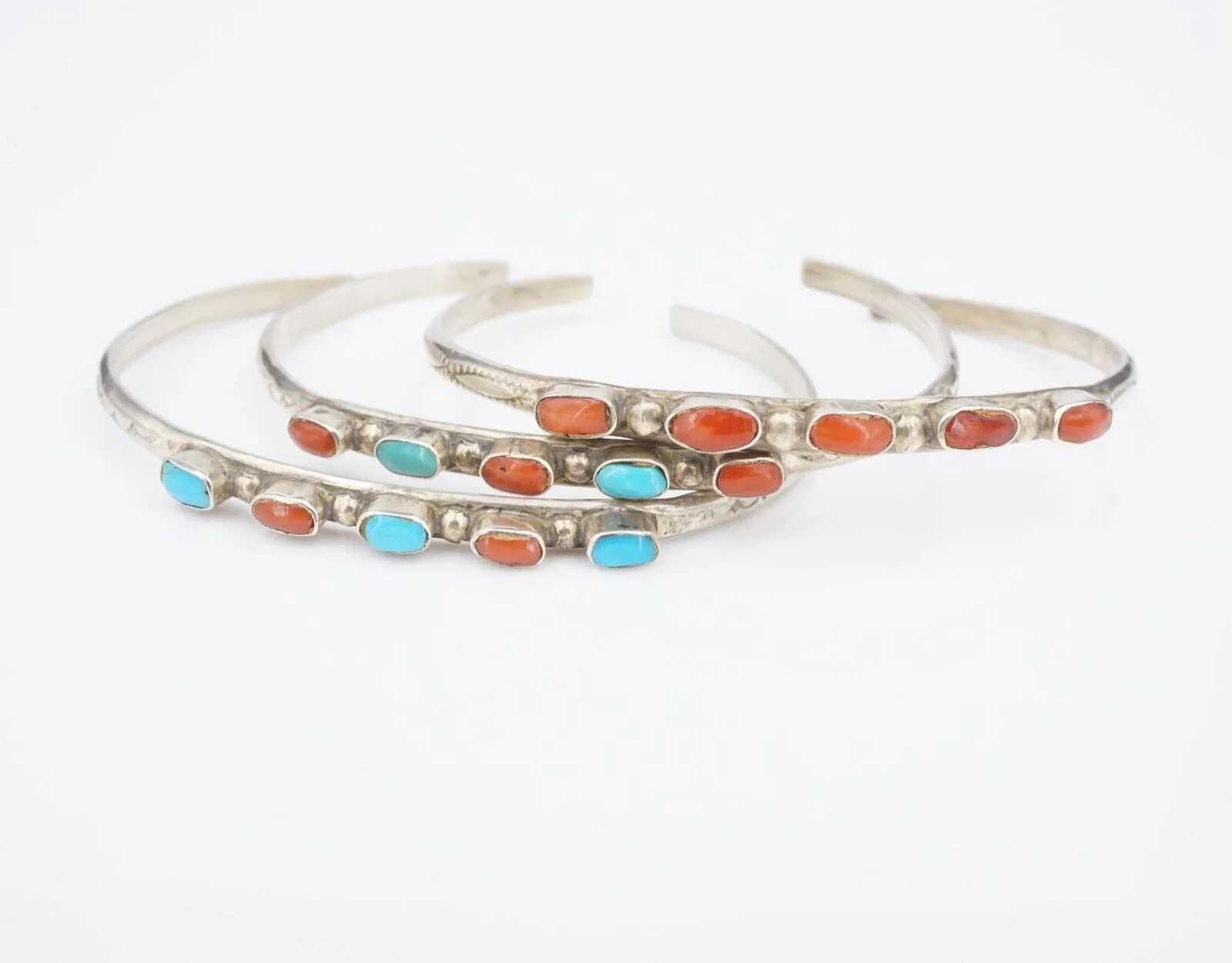 Vtg Navajo Cuff Bracelet Set Trio Turquoise Coral Sterling Silver 6" JC BS2965