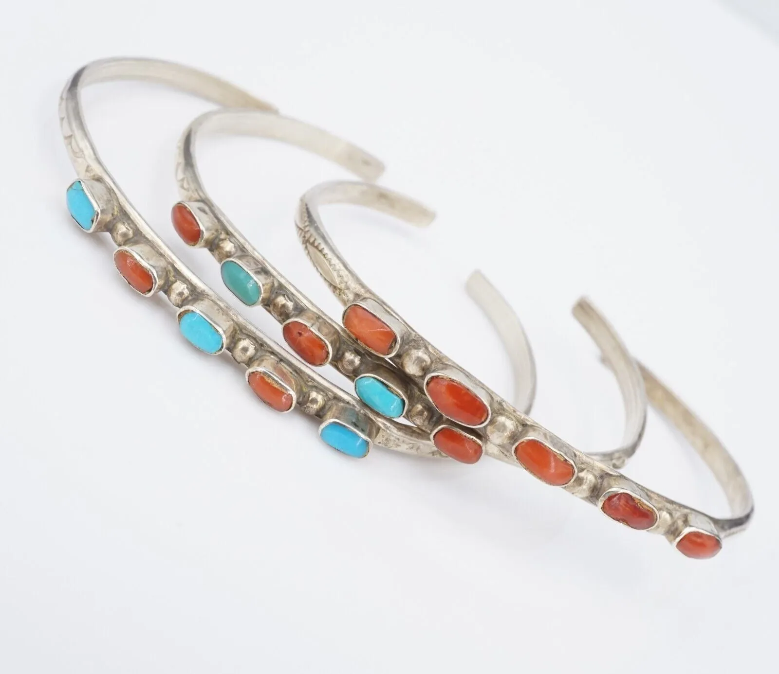 Vtg Navajo Cuff Bracelet Set Trio Turquoise Coral Sterling Silver 6" JC BS2965