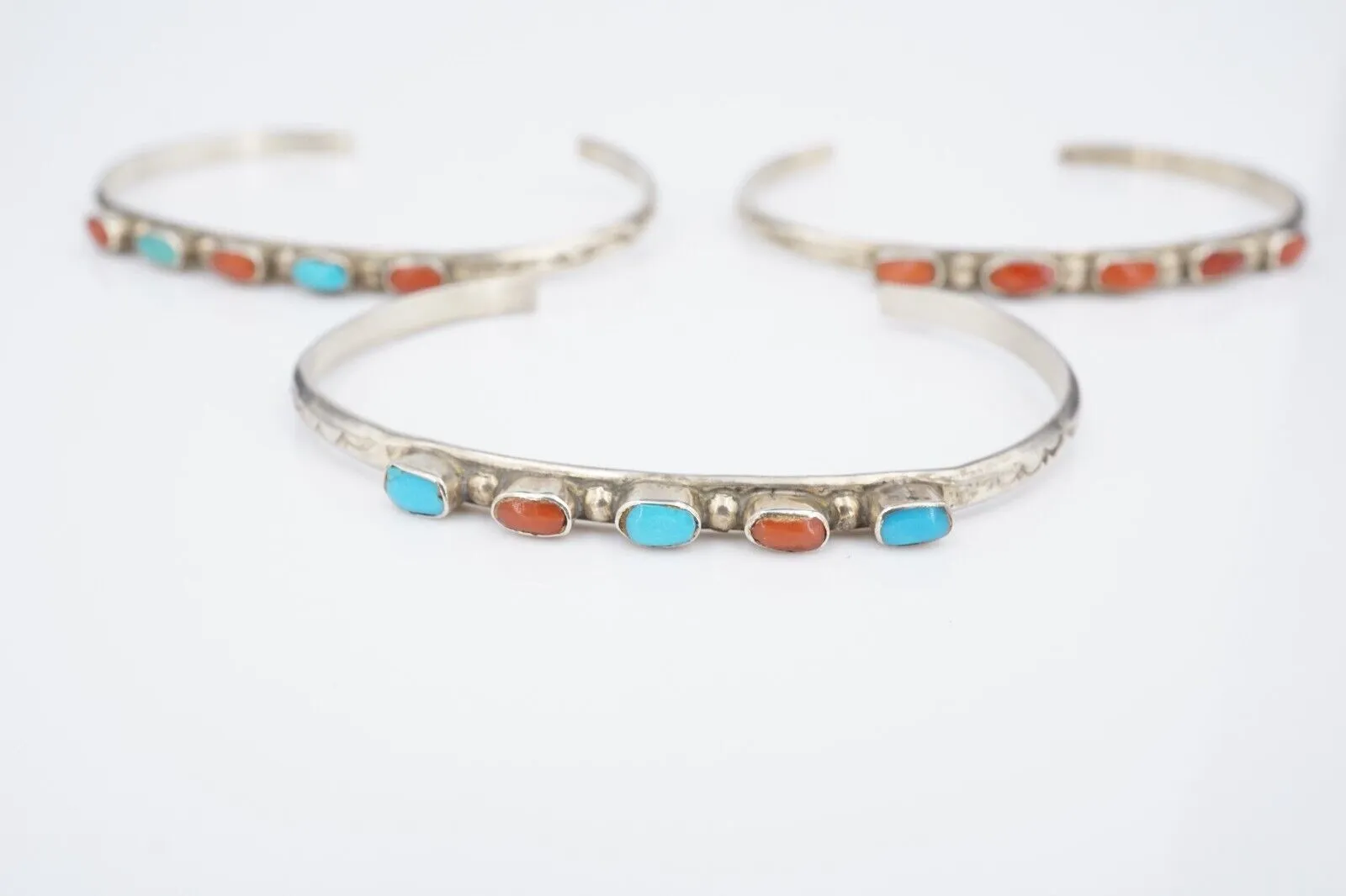 Vtg Navajo Cuff Bracelet Set Trio Turquoise Coral Sterling Silver 6" JC BS2965