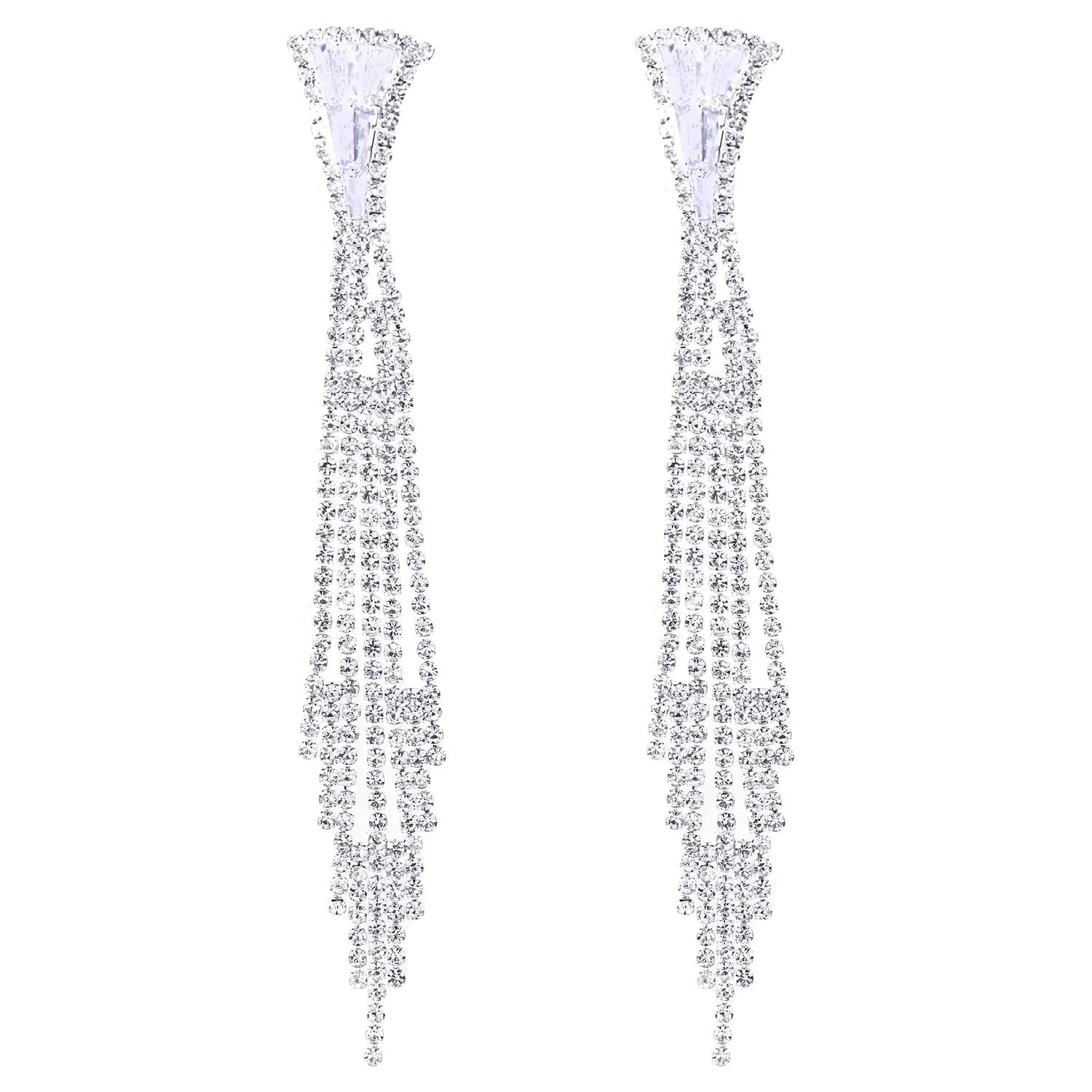 Wedding Rhinestone Crystal Cluster Long Chain Tassel Waterfall Dangle Statement Earrings, Sparkling