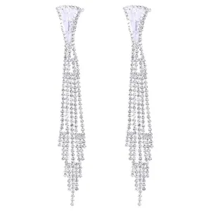 Wedding Rhinestone Crystal Cluster Long Chain Tassel Waterfall Dangle Statement Earrings, Sparkling