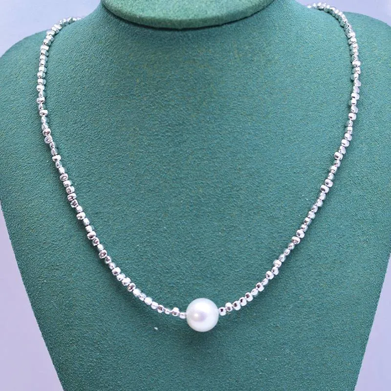 White Freshwater Pearl Silver Shards Pendant Necklace